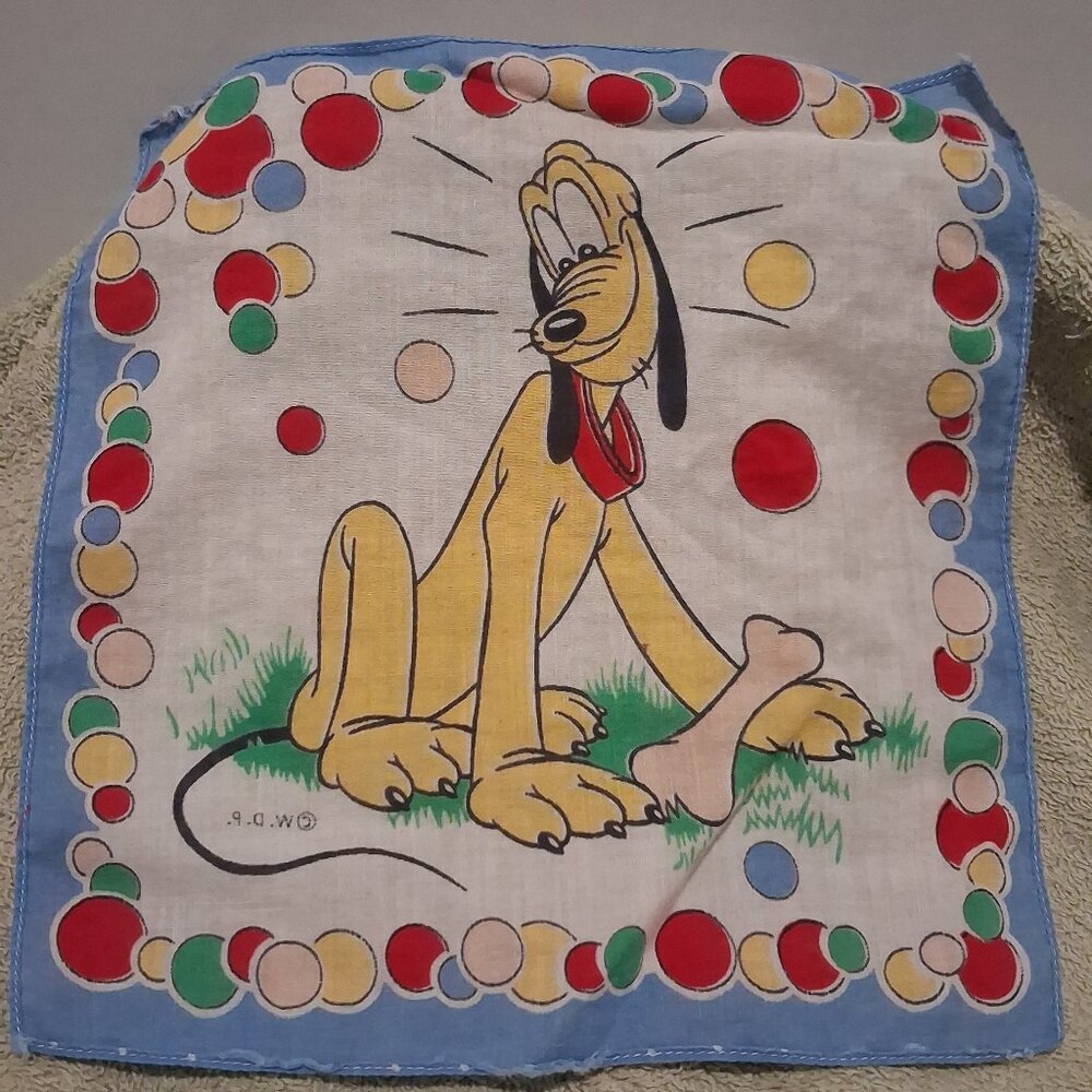 Vintage 1950s Disney Pluto Children’s Hankie Handkerchief 8” x 8”